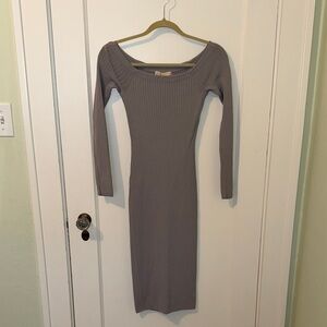 Michael Kors Grey Ribbed Long-Sleeve Scoop Neck Midi Dress, Size Small